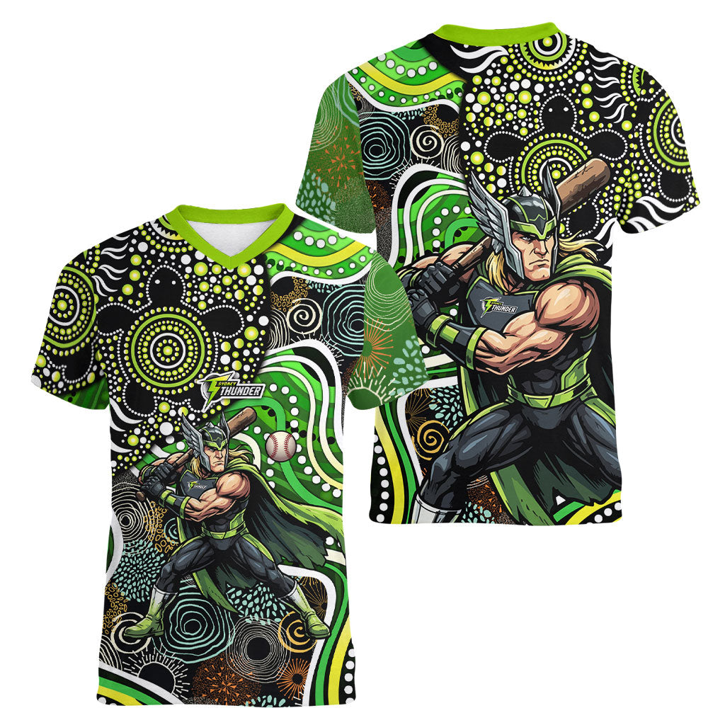 Sydney Thunder Women V-Neck T-Shirt Indigenous Dot Art Superhero Batter Tribal Pattern