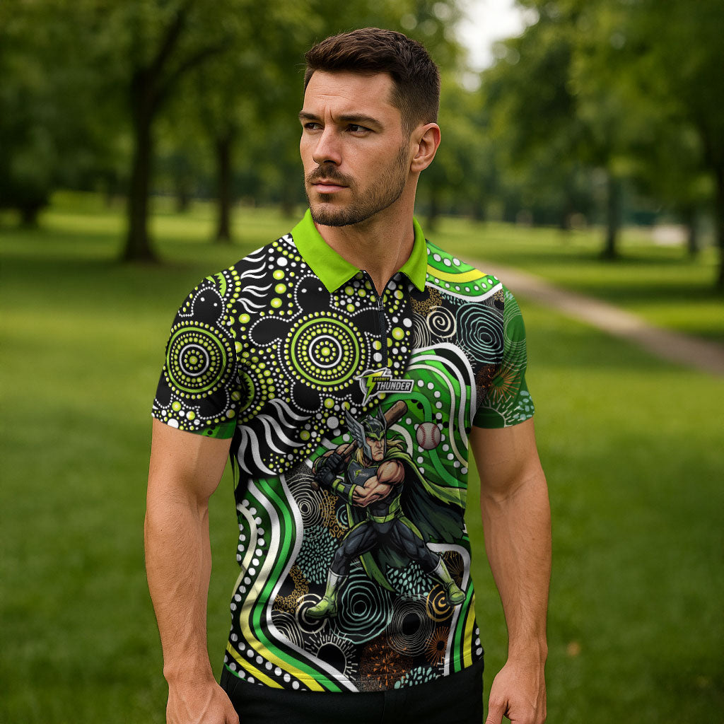 Sydney Thunder Zipper Polo Shirt Indigenous Dot Art Superhero Batter Tribal Pattern