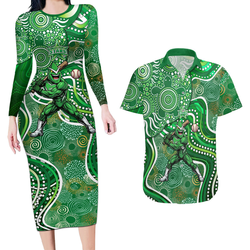 Melbourne Stars Couples Matching Long Sleeve Bodycon Dress and Hawaiian Shirt Indigenous Dot Art Superhero Batter Tribal Pattern