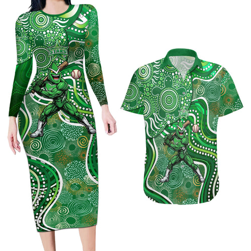 Melbourne Stars Couples Matching Long Sleeve Bodycon Dress and Hawaiian Shirt Indigenous Dot Art Superhero Batter Tribal Pattern