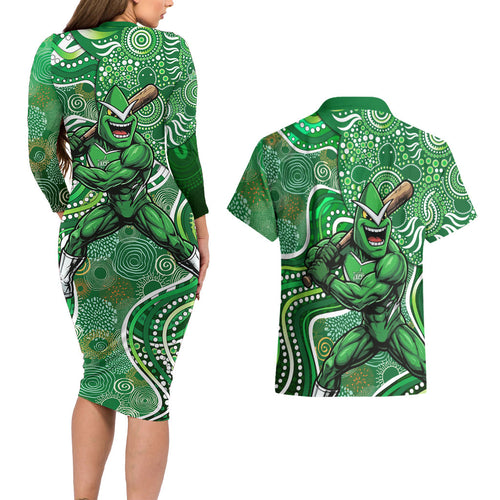 Melbourne Stars Couples Matching Long Sleeve Bodycon Dress and Hawaiian Shirt Indigenous Dot Art Superhero Batter Tribal Pattern