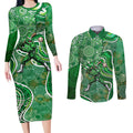 Melbourne Stars Couples Matching Long Sleeve Bodycon Dress and Long Sleeve Button Shirt Indigenous Dot Art Superhero Batter Tribal Pattern