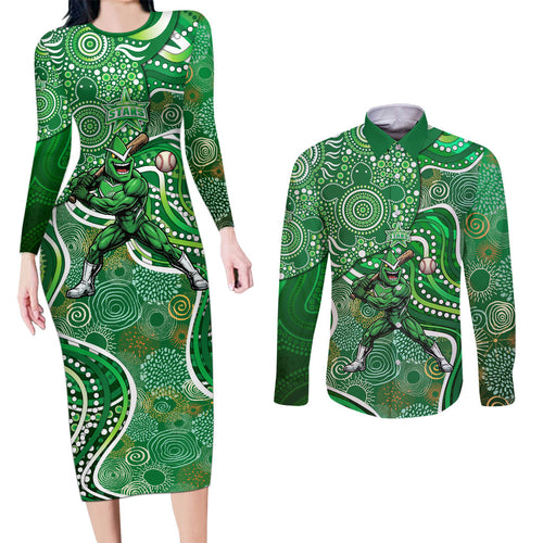 Melbourne Stars Couples Matching Long Sleeve Bodycon Dress and Long Sleeve Button Shirt Indigenous Dot Art Superhero Batter Tribal Pattern