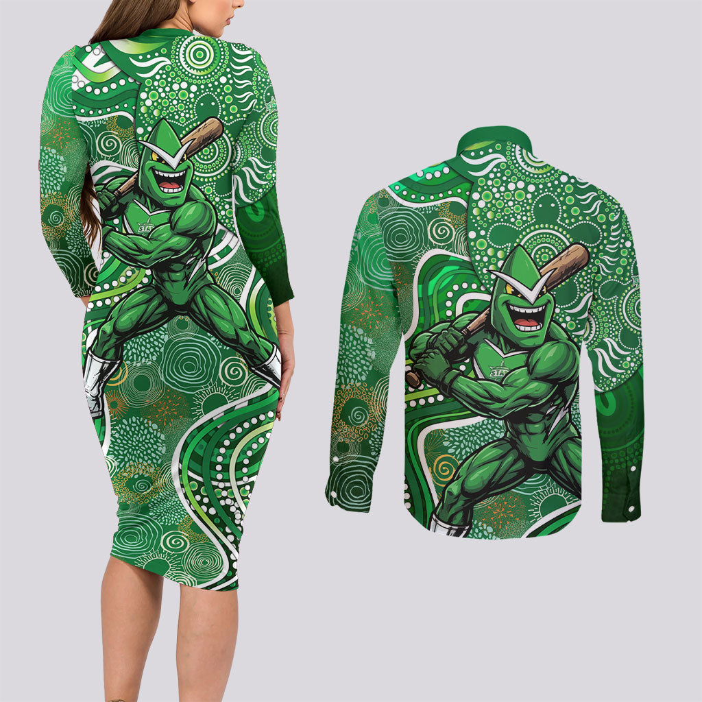 Melbourne Stars Couples Matching Long Sleeve Bodycon Dress and Long Sleeve Button Shirt Indigenous Dot Art Superhero Batter Tribal Pattern