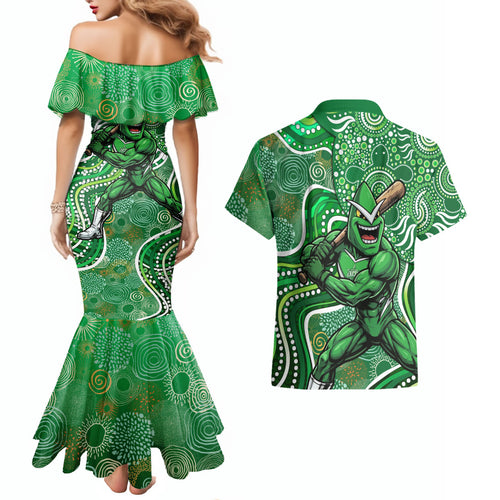Melbourne Stars Couples Matching Mermaid Dress and Hawaiian Shirt Indigenous Dot Art Superhero Batter Tribal Pattern