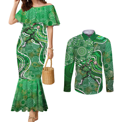 Melbourne Stars Couples Matching Mermaid Dress and Long Sleeve Button Shirt Indigenous Dot Art Superhero Batter Tribal Pattern