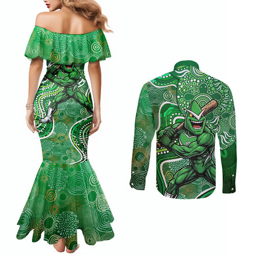 Melbourne Stars Couples Matching Mermaid Dress and Long Sleeve Button Shirt Indigenous Dot Art Superhero Batter Tribal Pattern