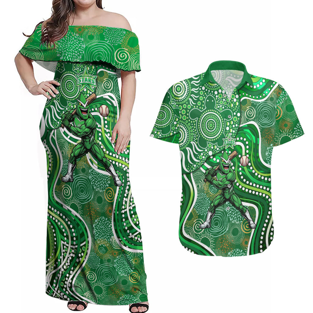 Melbourne Stars Couples Matching Off Shoulder Maxi Dress and Hawaiian Shirt Indigenous Dot Art Superhero Batter Tribal Pattern