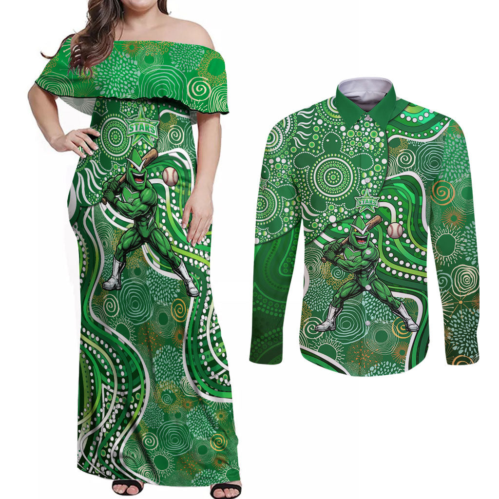 Melbourne Stars Couples Matching Off Shoulder Maxi Dress and Long Sleeve Button Shirt Indigenous Dot Art Superhero Batter Tribal Pattern