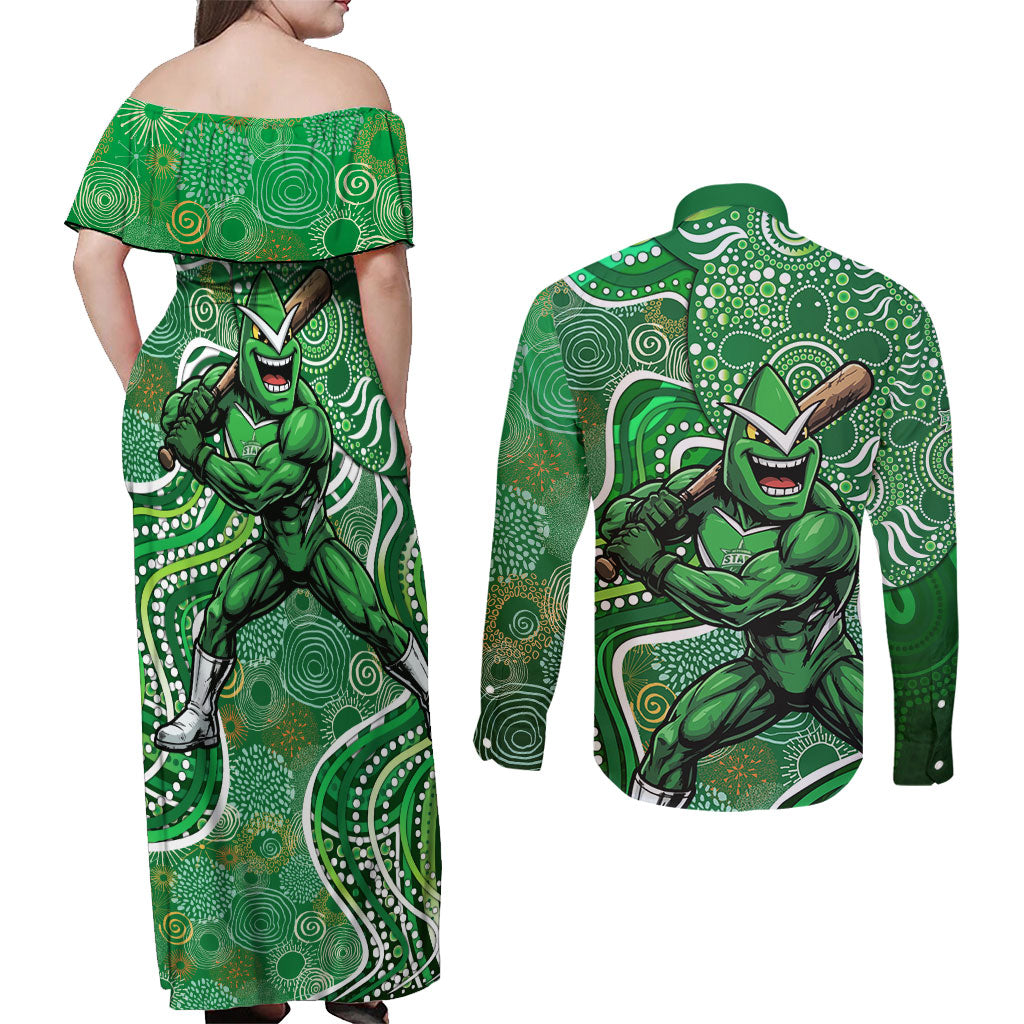 Melbourne Stars Couples Matching Off Shoulder Maxi Dress and Long Sleeve Button Shirt Indigenous Dot Art Superhero Batter Tribal Pattern