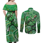 Melbourne Stars Couples Matching Off Shoulder Maxi Dress and Long Sleeve Button Shirt Indigenous Dot Art Superhero Batter Tribal Pattern
