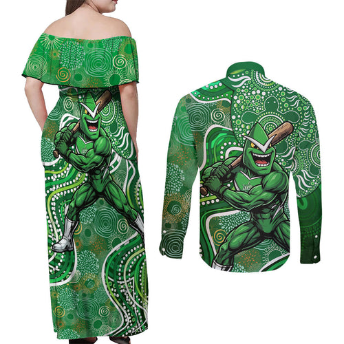 Melbourne Stars Couples Matching Off Shoulder Maxi Dress and Long Sleeve Button Shirt Indigenous Dot Art Superhero Batter Tribal Pattern