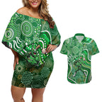 Melbourne Stars Couples Matching Off Shoulder Short Dress and Hawaiian Shirt Indigenous Dot Art Superhero Batter Tribal Pattern
