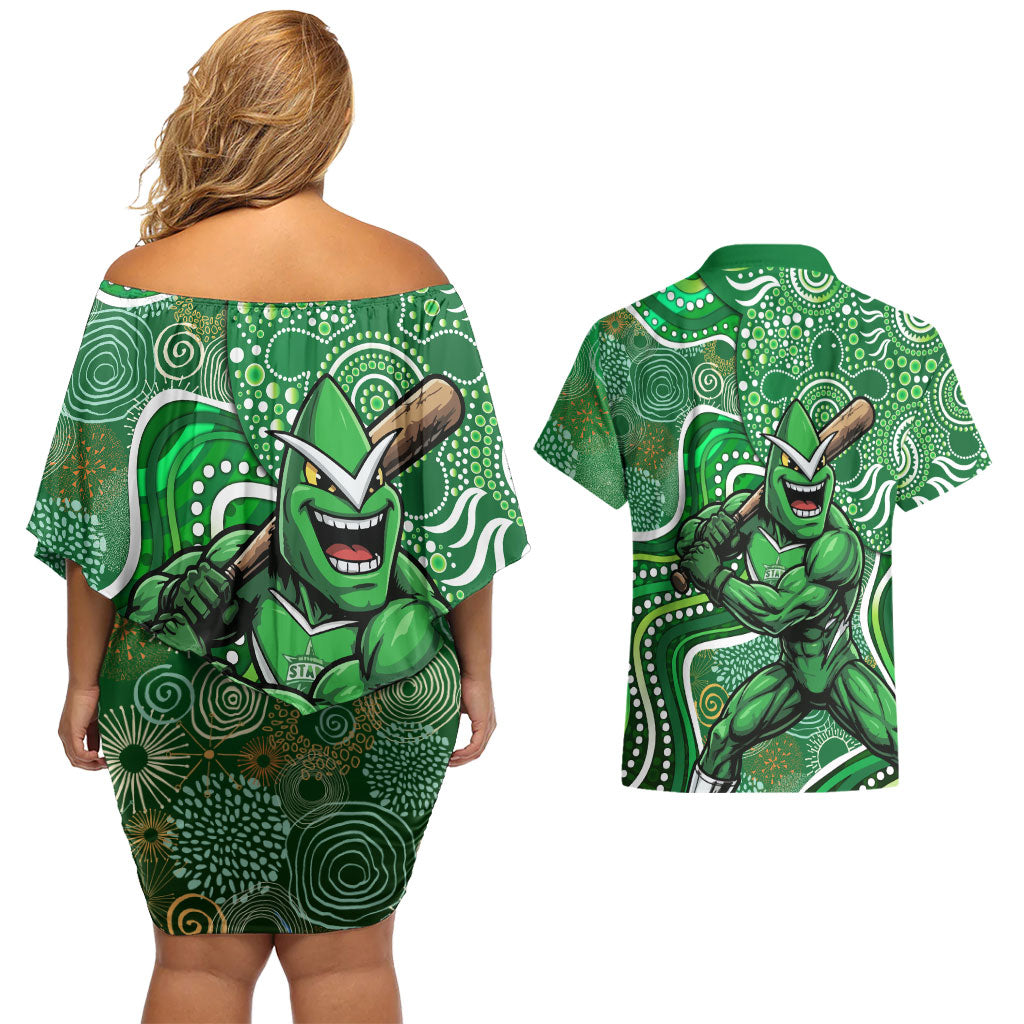 Melbourne Stars Couples Matching Off Shoulder Short Dress and Hawaiian Shirt Indigenous Dot Art Superhero Batter Tribal Pattern