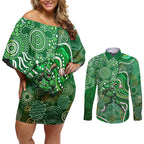 Melbourne Stars Couples Matching Off Shoulder Short Dress and Long Sleeve Button Shirt Indigenous Dot Art Superhero Batter Tribal Pattern