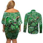 Melbourne Stars Couples Matching Off Shoulder Short Dress and Long Sleeve Button Shirt Indigenous Dot Art Superhero Batter Tribal Pattern