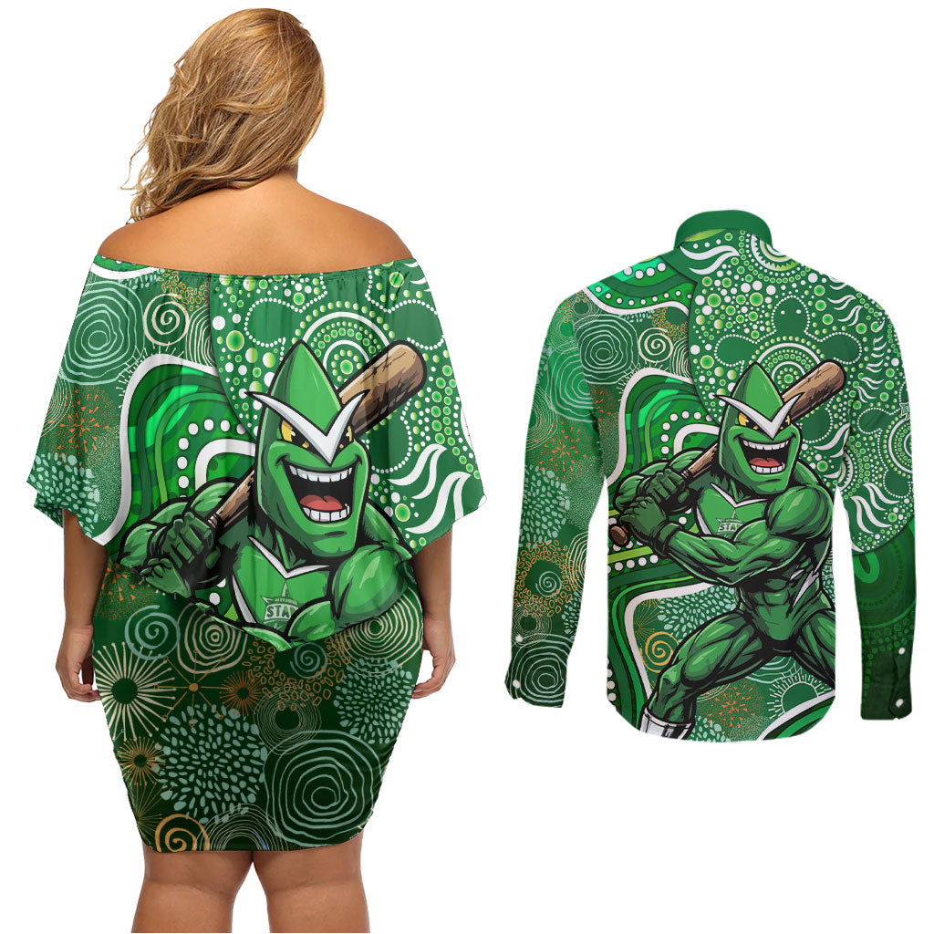 Melbourne Stars Couples Matching Off Shoulder Short Dress and Long Sleeve Button Shirt Indigenous Dot Art Superhero Batter Tribal Pattern