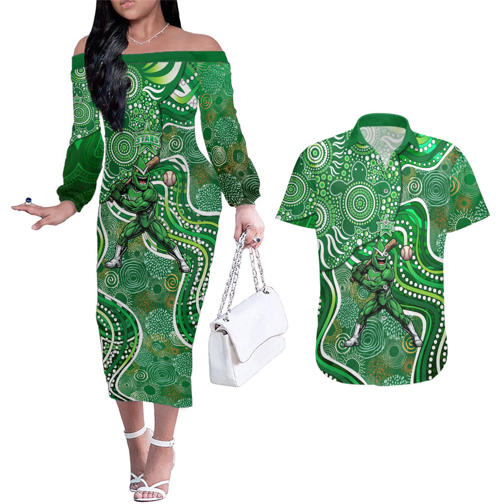 Melbourne Stars Couples Matching Off The Shoulder Long Sleeve Dress and Hawaiian Shirt Indigenous Dot Art Superhero Batter Tribal Pattern
