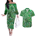 Melbourne Stars Couples Matching Off The Shoulder Long Sleeve Dress and Hawaiian Shirt Indigenous Dot Art Superhero Batter Tribal Pattern