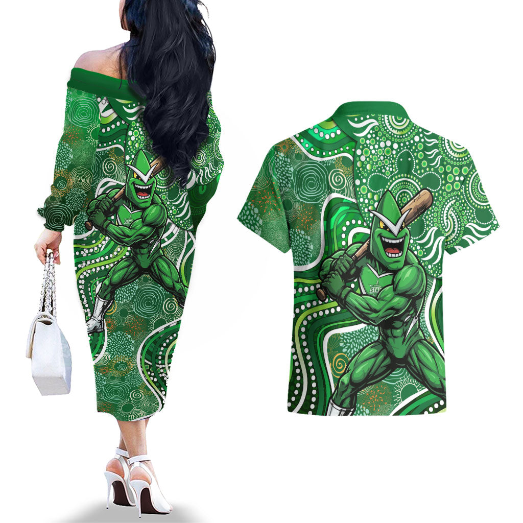 Melbourne Stars Couples Matching Off The Shoulder Long Sleeve Dress and Hawaiian Shirt Indigenous Dot Art Superhero Batter Tribal Pattern