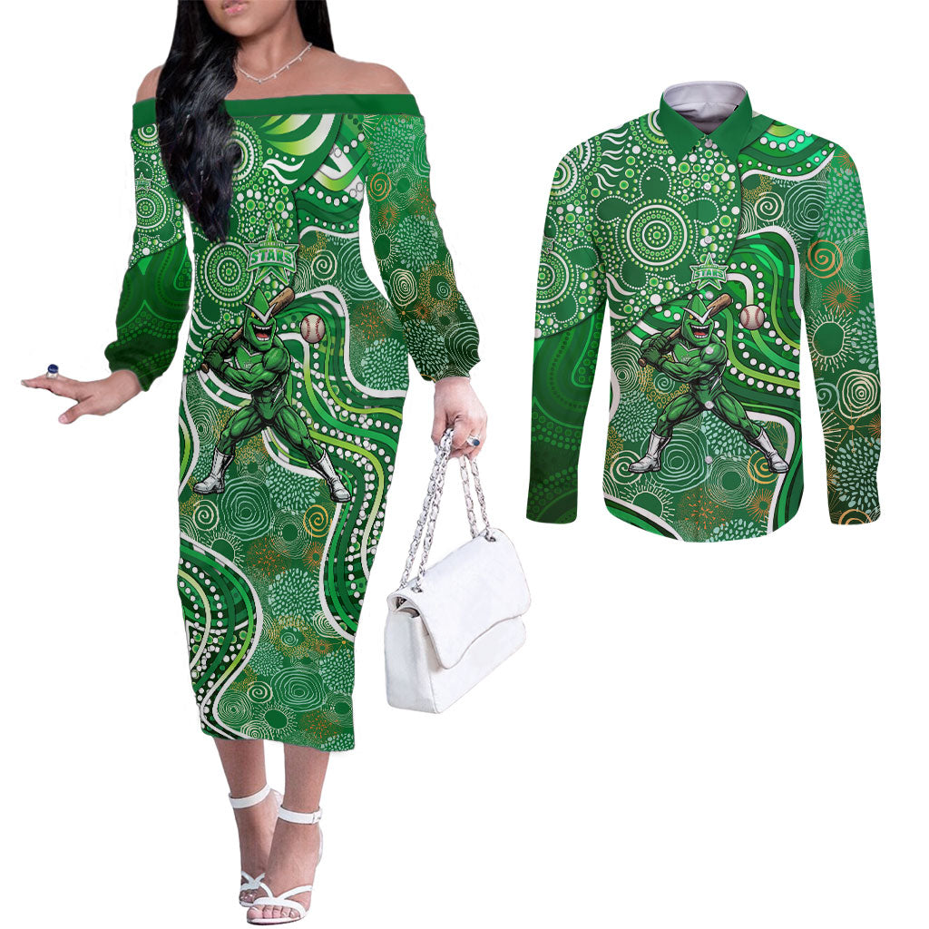 Melbourne Stars Couples Matching Off The Shoulder Long Sleeve Dress and Long Sleeve Button Shirt Indigenous Dot Art Superhero Batter Tribal Pattern