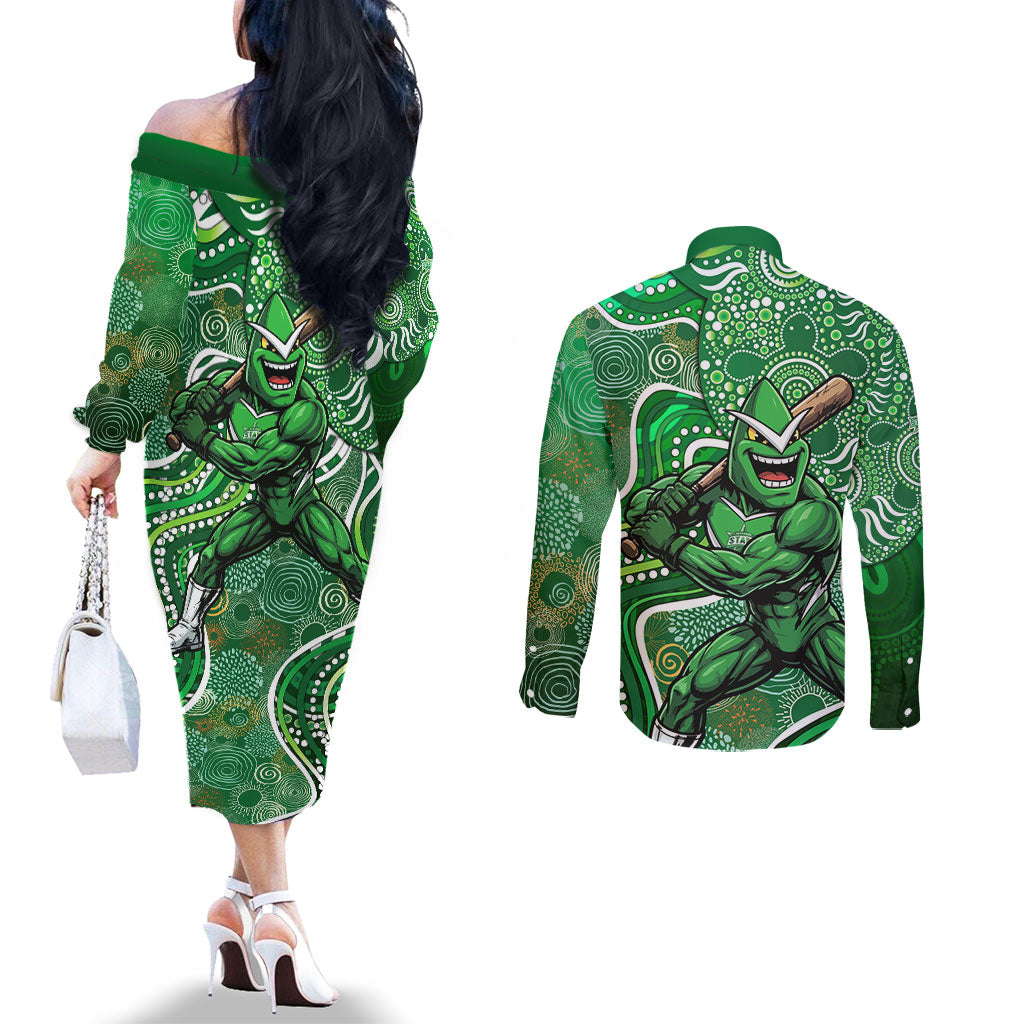 Melbourne Stars Couples Matching Off The Shoulder Long Sleeve Dress and Long Sleeve Button Shirt Indigenous Dot Art Superhero Batter Tribal Pattern