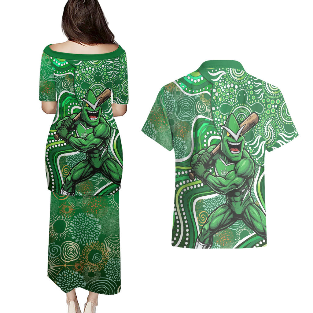 Melbourne Stars Couples Matching Puletasi and Hawaiian Shirt Indigenous Dot Art Superhero Batter Tribal Pattern