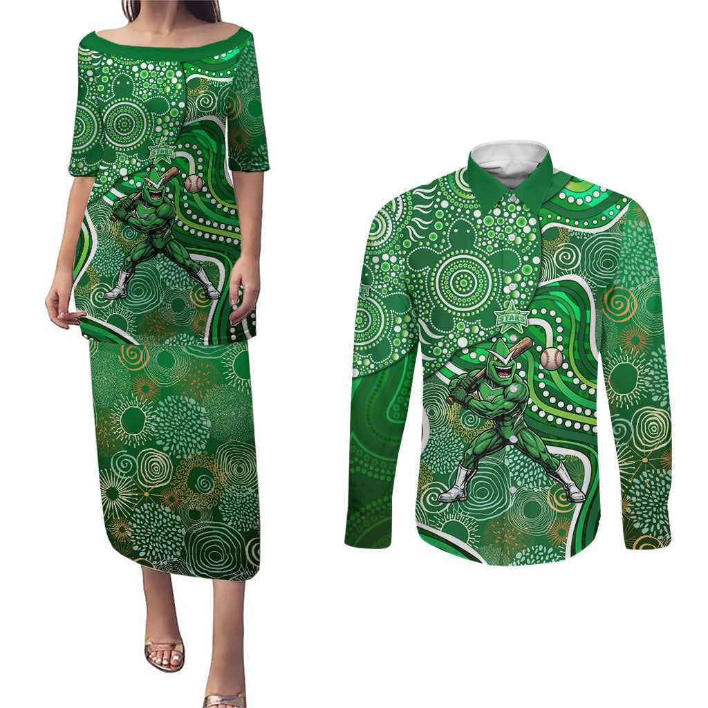 Melbourne Stars Couples Matching Puletasi and Long Sleeve Button Shirt Indigenous Dot Art Superhero Batter Tribal Pattern