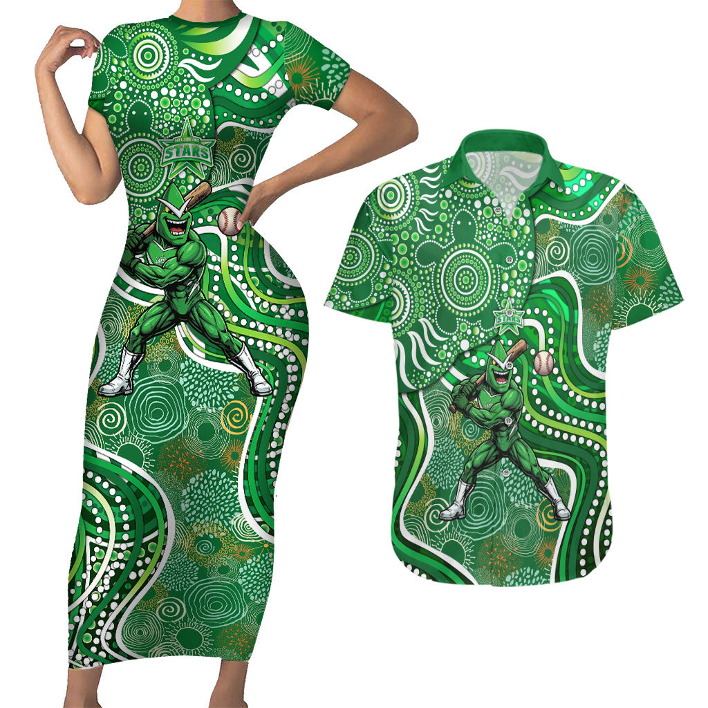 Melbourne Stars Couples Matching Short Sleeve Bodycon Dress and Hawaiian Shirt Indigenous Dot Art Superhero Batter Tribal Pattern