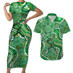 Melbourne Stars Couples Matching Short Sleeve Bodycon Dress and Hawaiian Shirt Indigenous Dot Art Superhero Batter Tribal Pattern