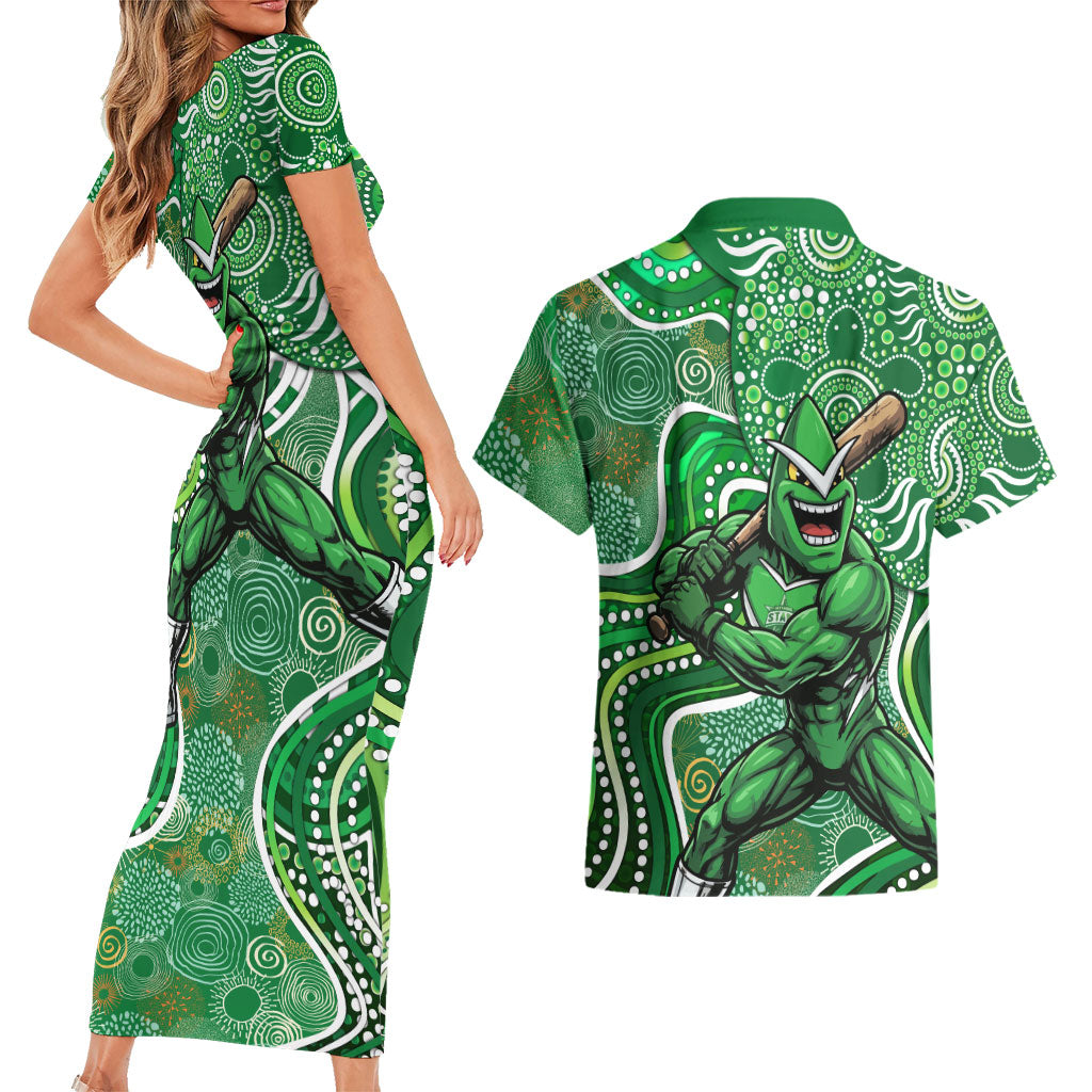 Melbourne Stars Couples Matching Short Sleeve Bodycon Dress and Hawaiian Shirt Indigenous Dot Art Superhero Batter Tribal Pattern