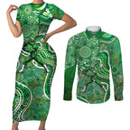 Melbourne Stars Couples Matching Short Sleeve Bodycon Dress and Long Sleeve Button Shirt Indigenous Dot Art Superhero Batter Tribal Pattern