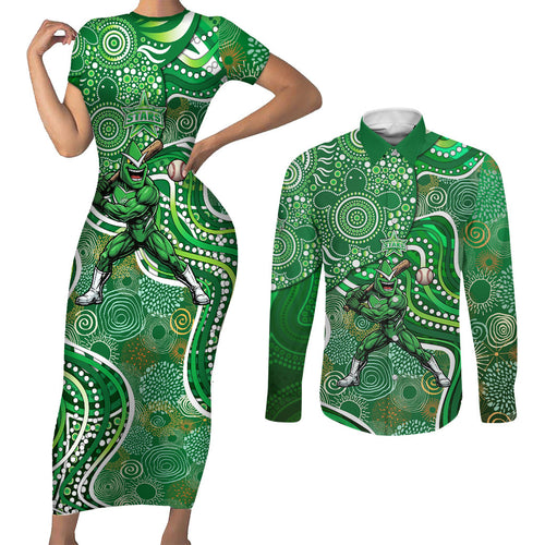 Melbourne Stars Couples Matching Short Sleeve Bodycon Dress and Long Sleeve Button Shirt Indigenous Dot Art Superhero Batter Tribal Pattern