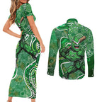 Melbourne Stars Couples Matching Short Sleeve Bodycon Dress and Long Sleeve Button Shirt Indigenous Dot Art Superhero Batter Tribal Pattern