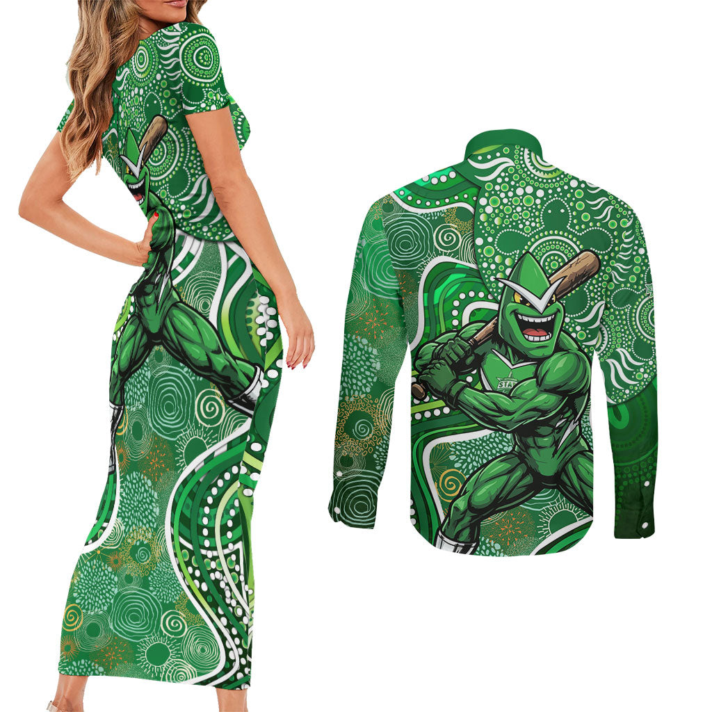 Melbourne Stars Couples Matching Short Sleeve Bodycon Dress and Long Sleeve Button Shirt Indigenous Dot Art Superhero Batter Tribal Pattern
