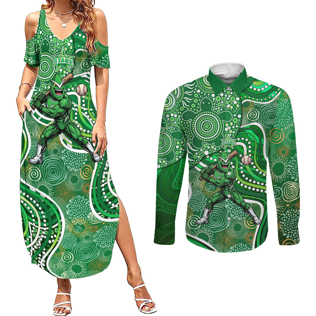 Melbourne Stars Couples Matching Summer Maxi Dress and Long Sleeve Button Shirt Indigenous Dot Art Superhero Batter Tribal Pattern