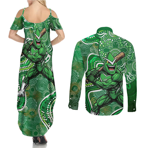 Melbourne Stars Couples Matching Summer Maxi Dress and Long Sleeve Button Shirt Indigenous Dot Art Superhero Batter Tribal Pattern