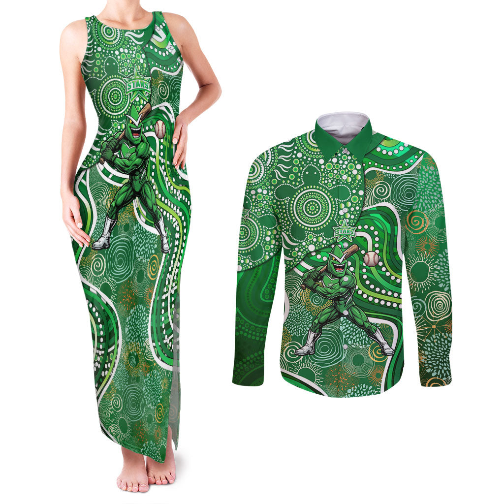 Melbourne Stars Couples Matching Tank Maxi Dress and Long Sleeve Button Shirt Indigenous Dot Art Superhero Batter Tribal Pattern