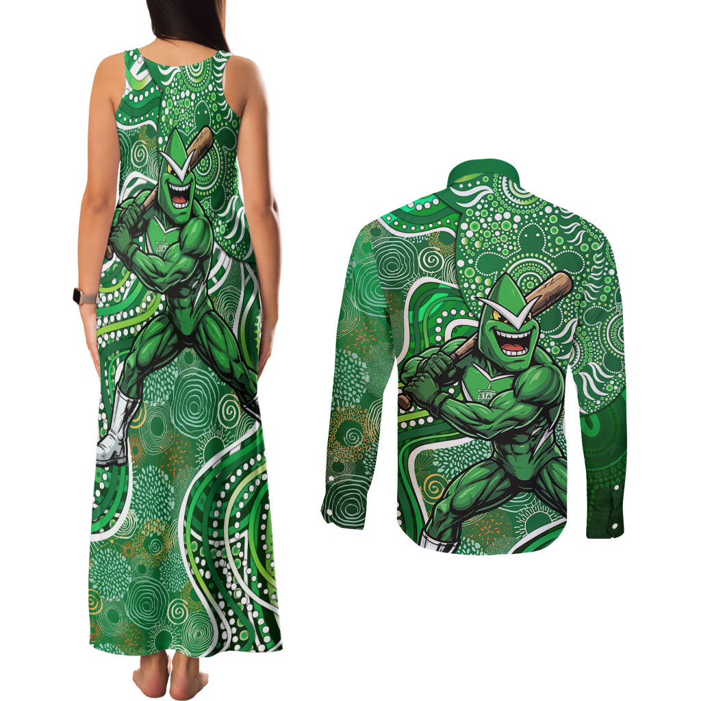 Melbourne Stars Couples Matching Tank Maxi Dress and Long Sleeve Button Shirt Indigenous Dot Art Superhero Batter Tribal Pattern