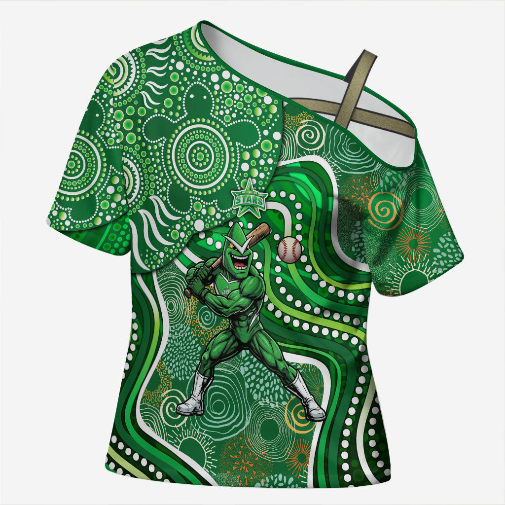 Melbourne Stars Cross Shoulder Shirt Indigenous Dot Art Superhero Batter Tribal Pattern