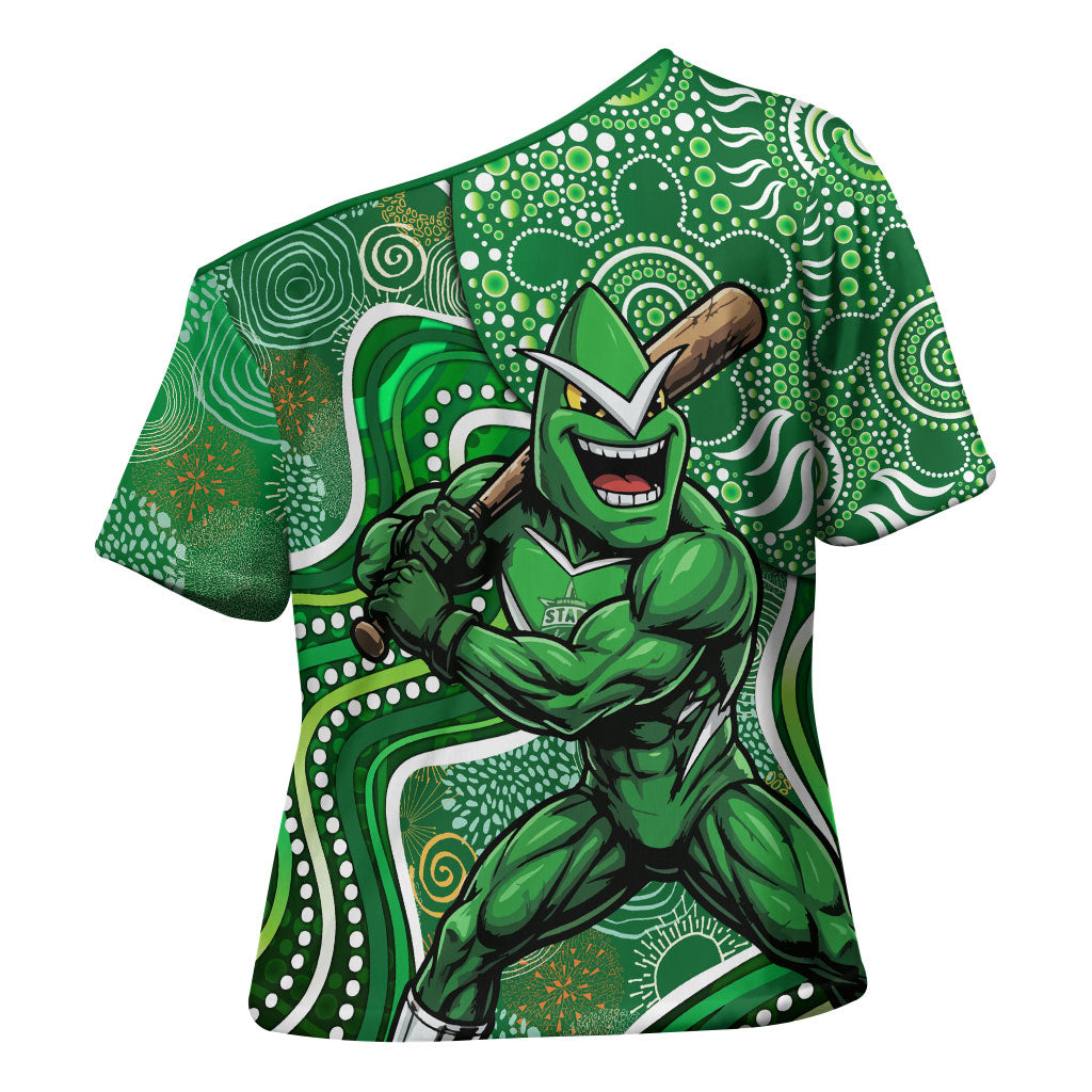 Melbourne Stars Cross Shoulder Shirt Indigenous Dot Art Superhero Batter Tribal Pattern