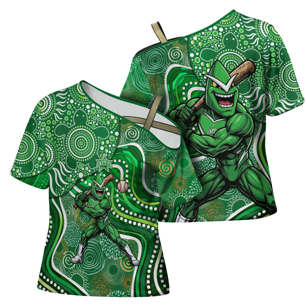 Melbourne Stars Cross Shoulder Shirt Indigenous Dot Art Superhero Batter Tribal Pattern