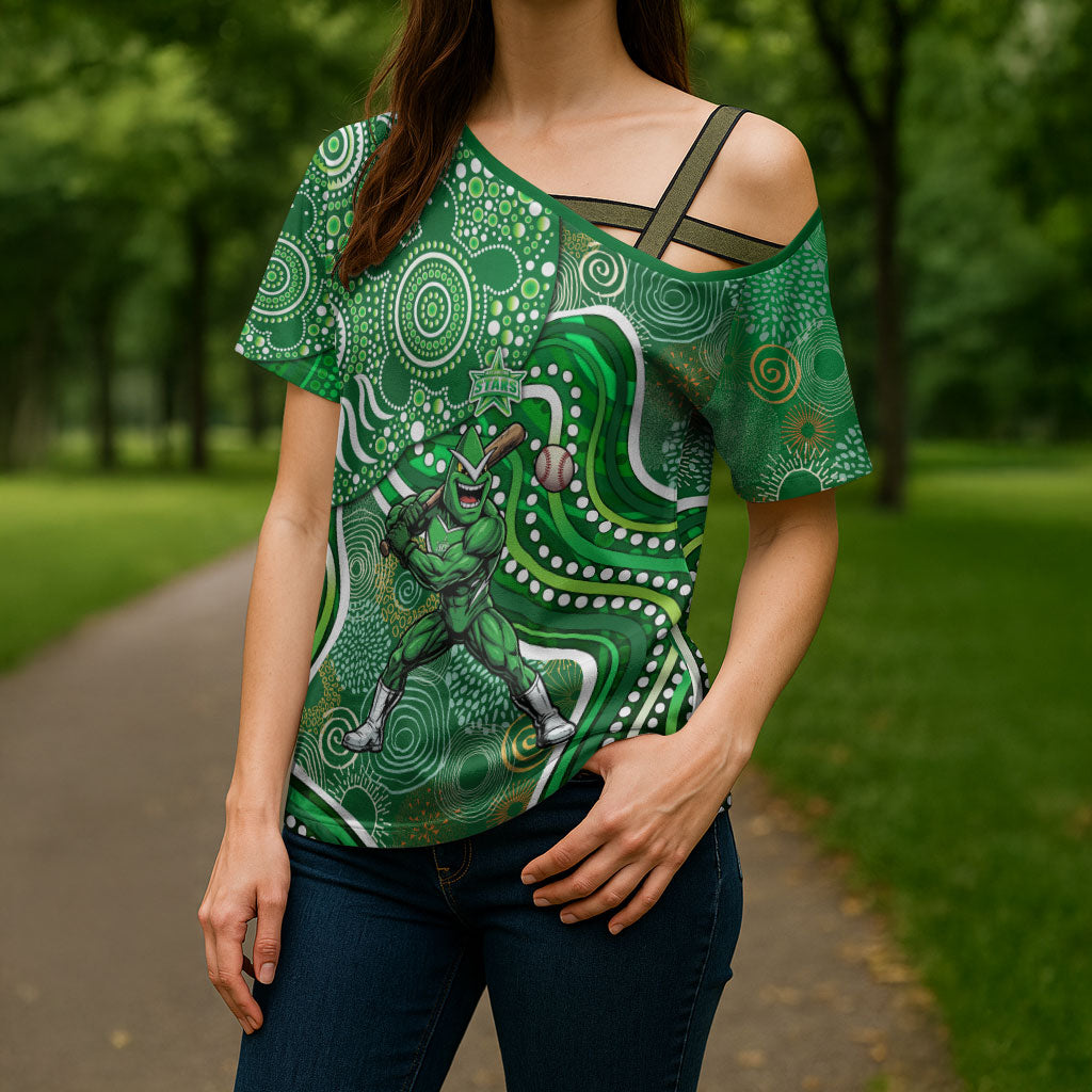 Melbourne Stars Cross Shoulder Shirt Indigenous Dot Art Superhero Batter Tribal Pattern