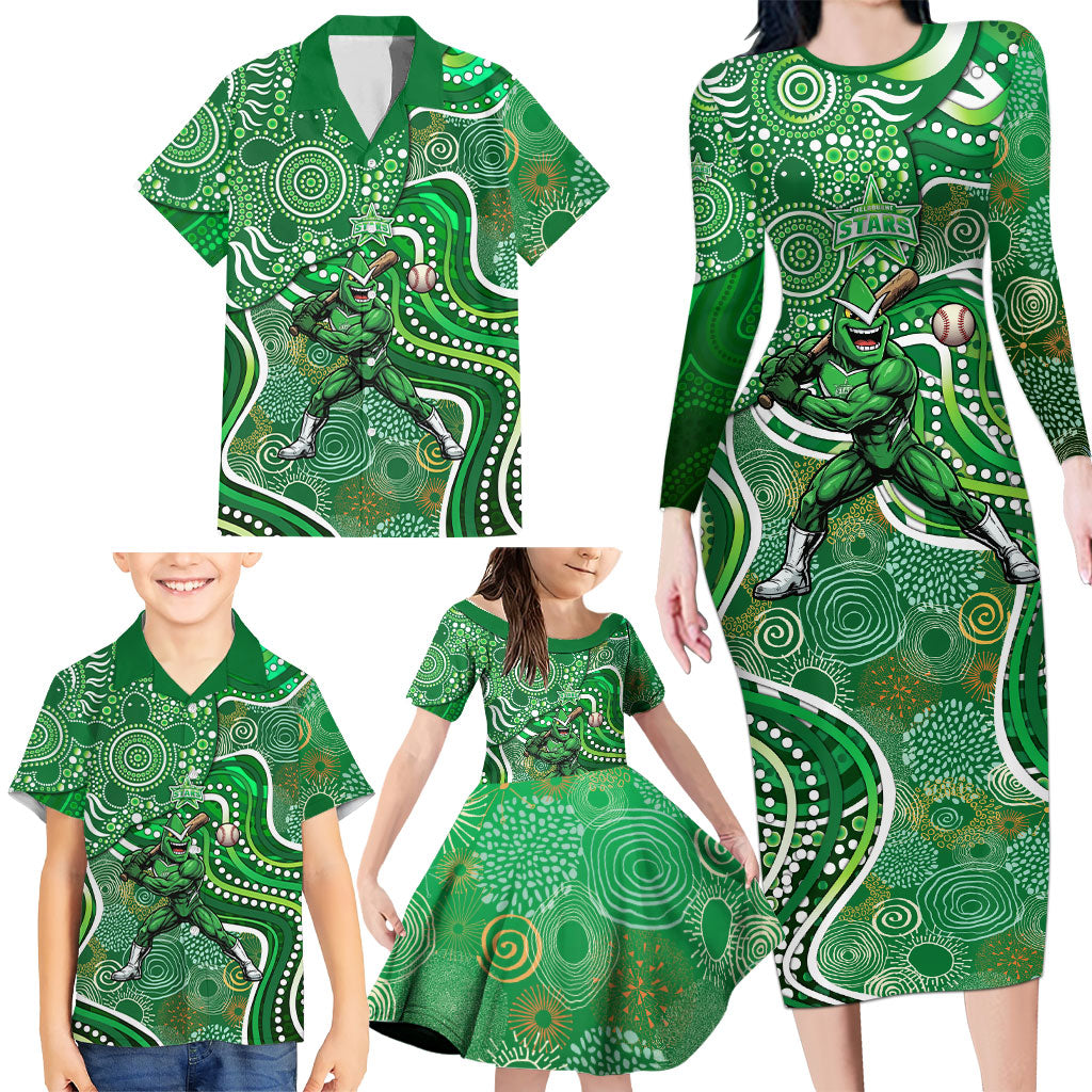 Melbourne Stars Family Matching Long Sleeve Bodycon Dress and Hawaiian Shirt Indigenous Dot Art Superhero Batter Tribal Pattern