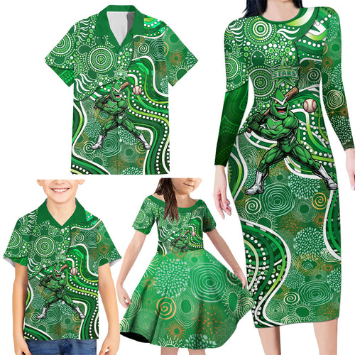 Melbourne Stars Family Matching Long Sleeve Bodycon Dress and Hawaiian Shirt Indigenous Dot Art Superhero Batter Tribal Pattern