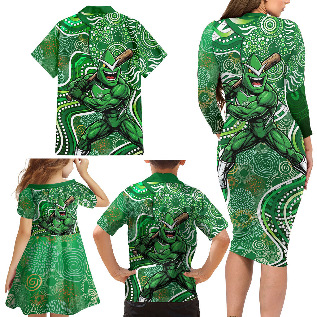 Melbourne Stars Family Matching Long Sleeve Bodycon Dress and Hawaiian Shirt Indigenous Dot Art Superhero Batter Tribal Pattern