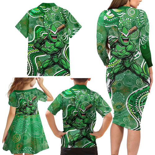 Melbourne Stars Family Matching Long Sleeve Bodycon Dress and Hawaiian Shirt Indigenous Dot Art Superhero Batter Tribal Pattern