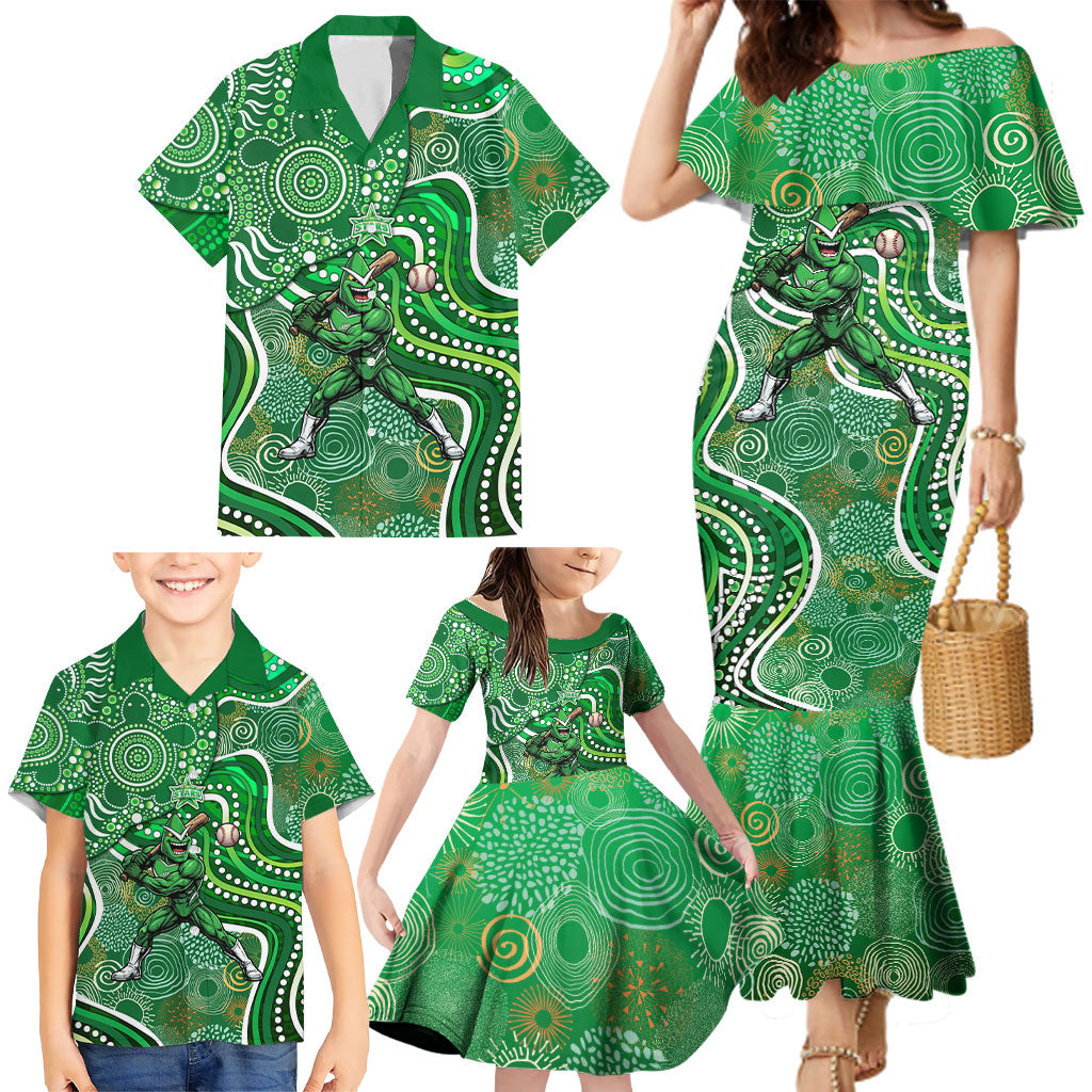 Melbourne Stars Family Matching Mermaid Dress and Hawaiian Shirt Indigenous Dot Art Superhero Batter Tribal Pattern
