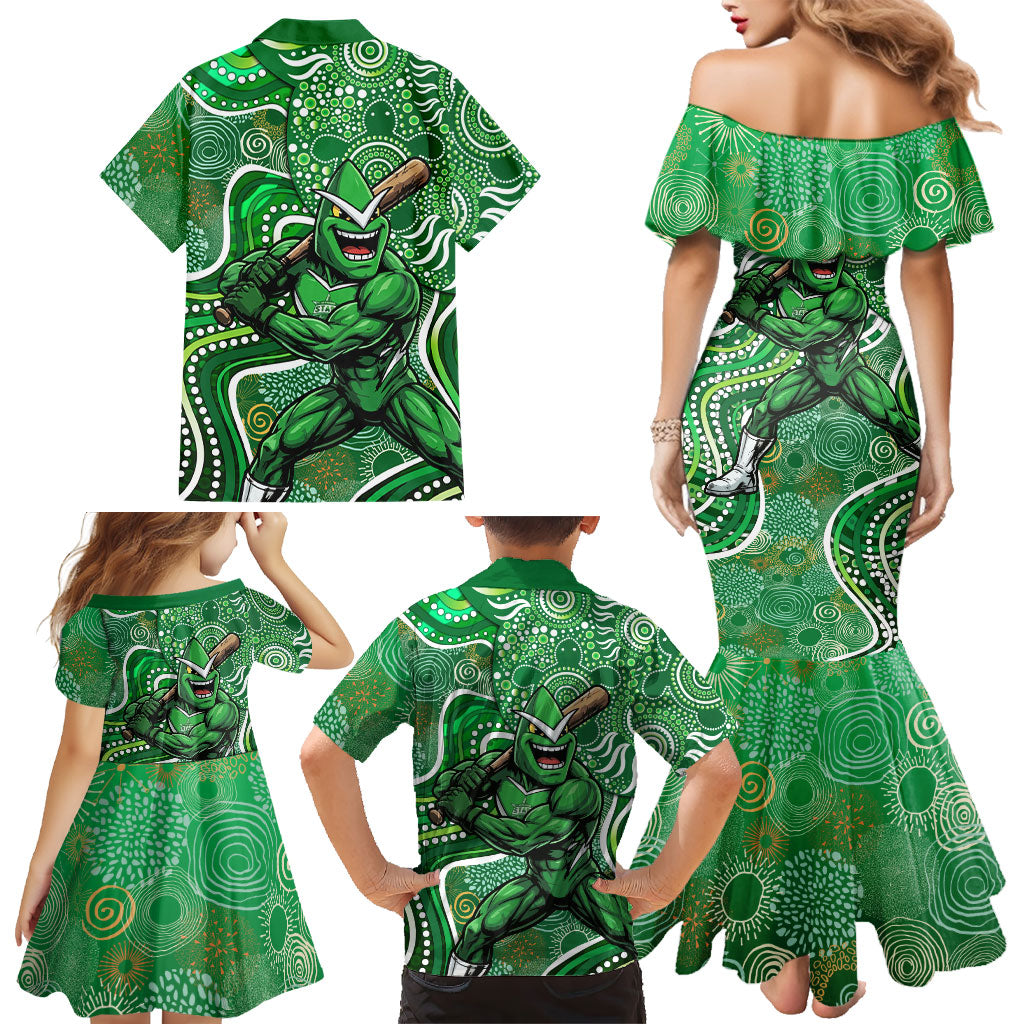 Melbourne Stars Family Matching Mermaid Dress and Hawaiian Shirt Indigenous Dot Art Superhero Batter Tribal Pattern