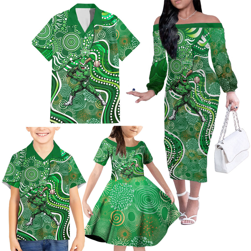 Melbourne Stars Family Matching Off The Shoulder Long Sleeve Dress and Hawaiian Shirt Indigenous Dot Art Superhero Batter Tribal Pattern